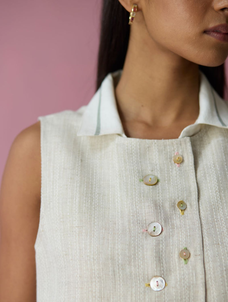 Cara Collared Jamdani Linen Co-ord Set - Ivory all linen by Manan in ivory color for women Worldwide