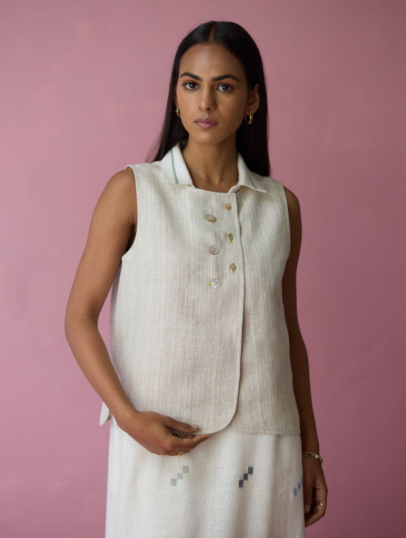 Cara Collared Jamdani Linen Co-ord Set - Ivory all linen by Manan in ivory color for women Worldwide