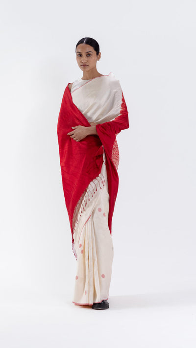 ORBIT JAMDANI SAREE - IVORY/RED