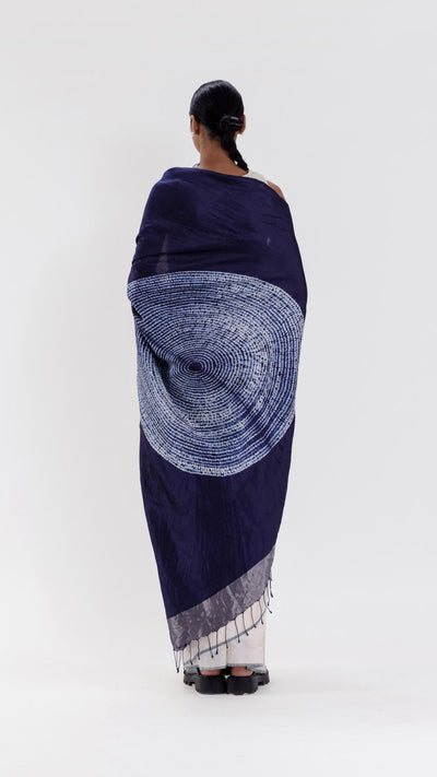 ORBIT JAMDANI SAREE - IVORY/NAVY