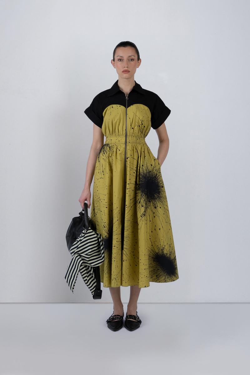 CUP ZIPPER DRESS - Black + Lime Yellow dress by Leh Studios in black for women Worldwide