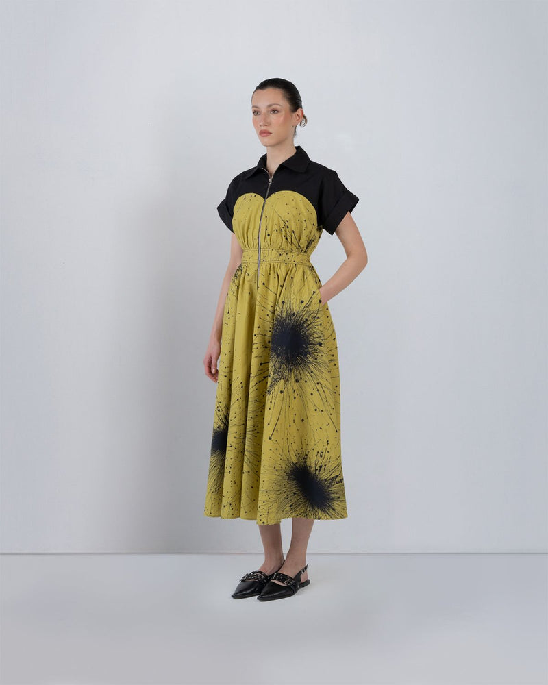 CUP ZIPPER DRESS - Black + Lime Yellow dress by Leh Studios in black for women Worldwide