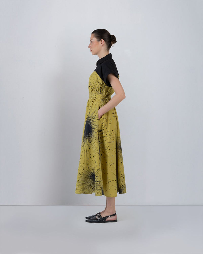 CUP ZIPPER DRESS - Black + Lime Yellow dress by Leh Studios in black for women Worldwide