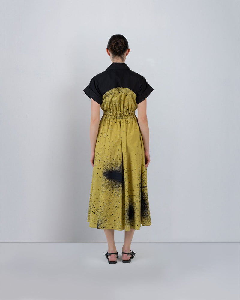 CUP ZIPPER DRESS - Black + Lime Yellow dress by Leh Studios in black for women Worldwide