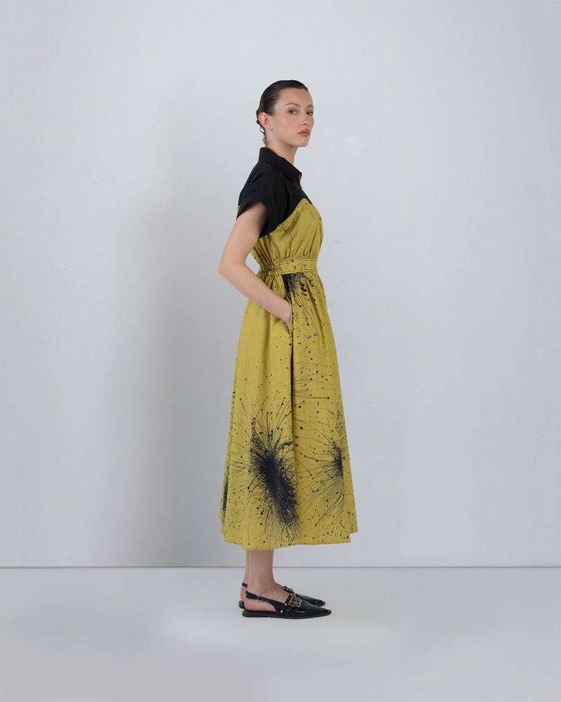 CUP ZIPPER DRESS - Black + Lime Yellow dress by Leh Studios in black for women Worldwide