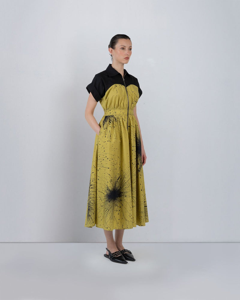 CUP ZIPPER DRESS - Black + Lime Yellow dress by Leh Studios in black for women Worldwide