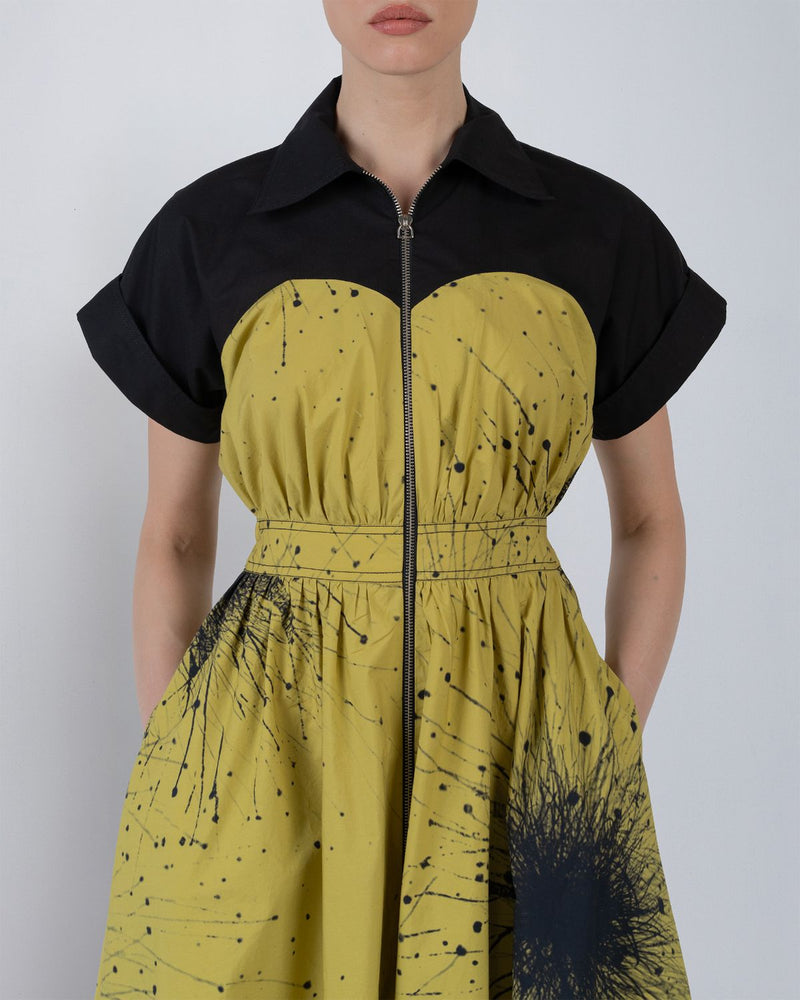 CUP ZIPPER DRESS - Black + Lime Yellow dress by Leh Studios in black for women Worldwide