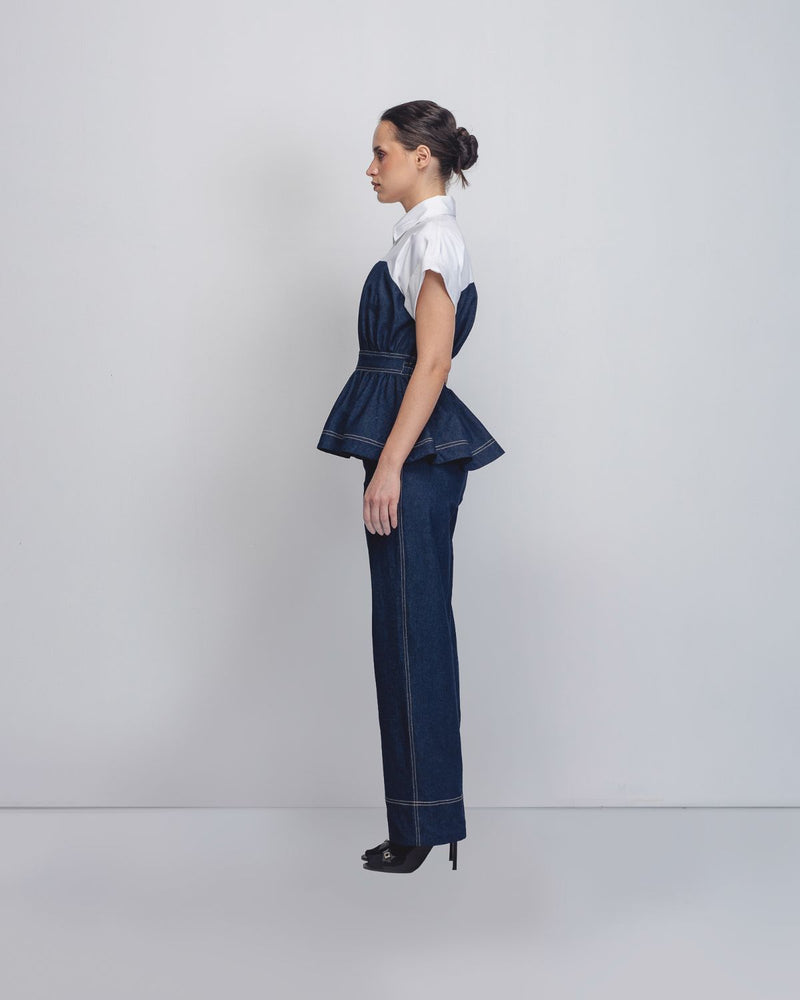 Cup Zipper Top - Denim Blue + White cotton by Leh Studios in white color for women Worldwide