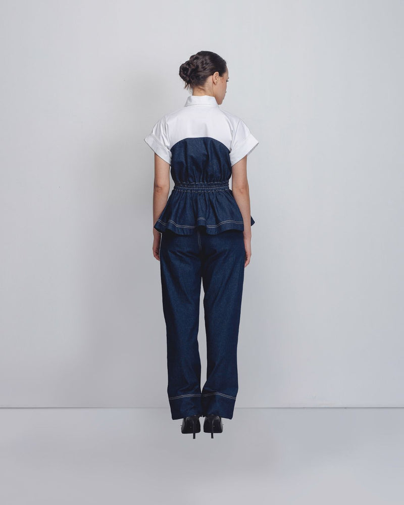 Cup Zipper Top - Denim Blue + White cotton by Leh Studios in white color for women Worldwide