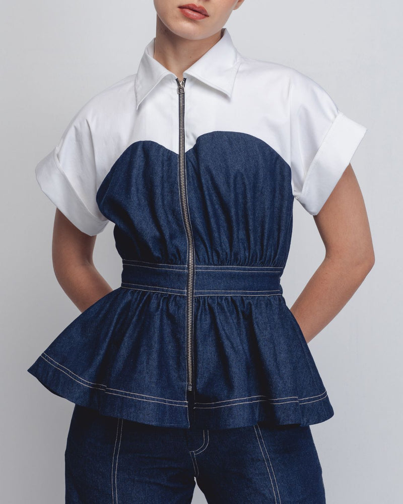 Cup Zipper Top - Denim Blue + White cotton by Leh Studios in white color for women Worldwide