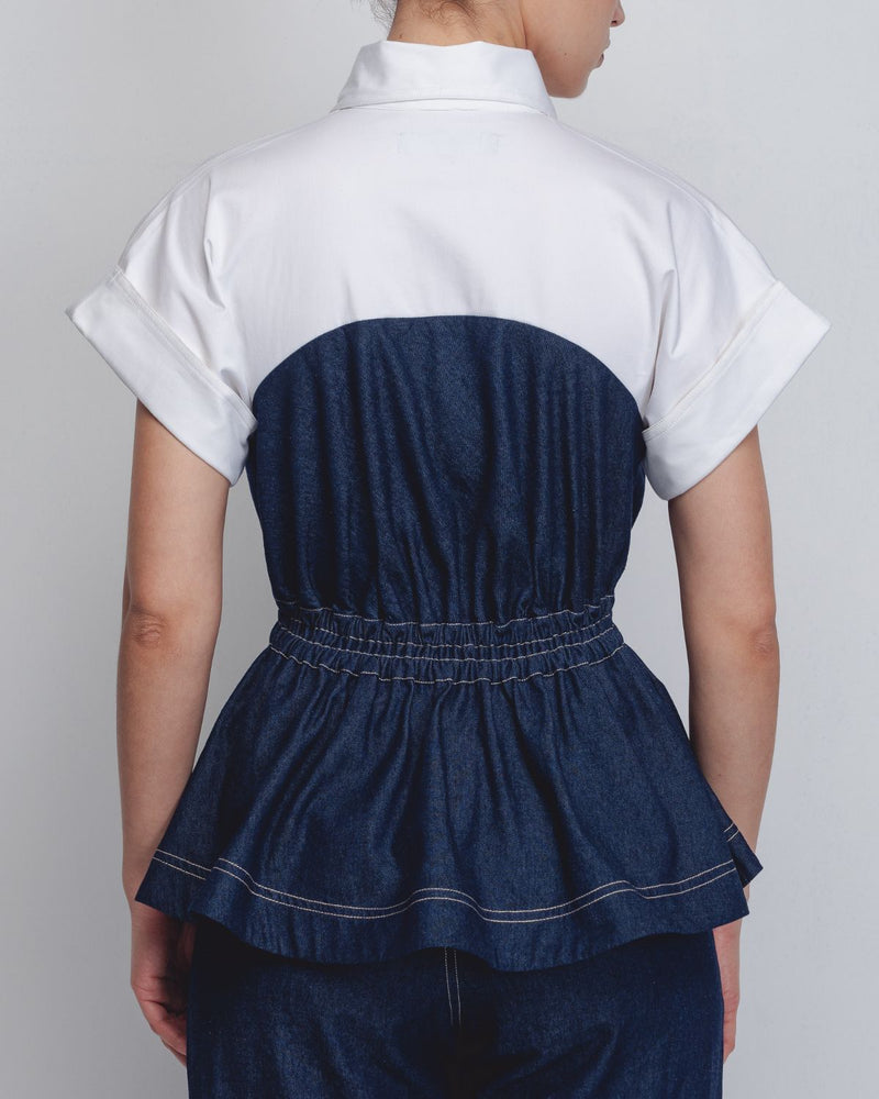 Cup Zipper Top - Denim Blue + White cotton by Leh Studios in white color for women Worldwide