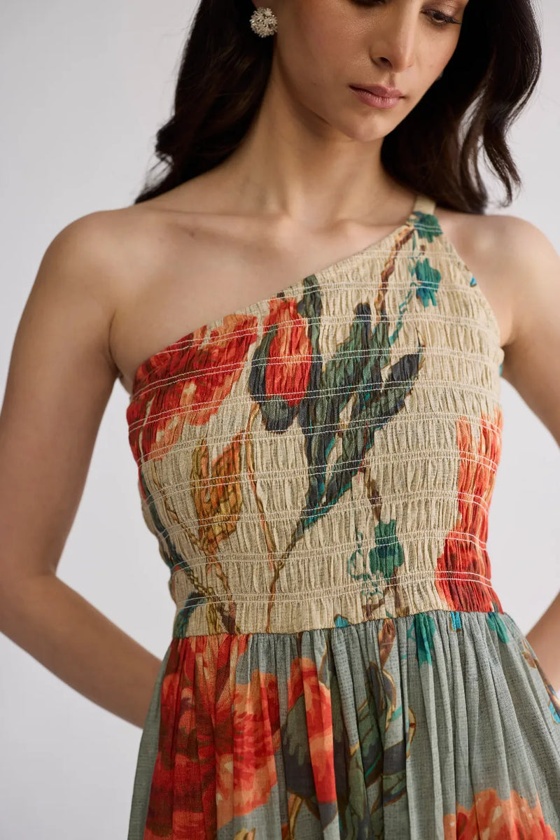 CABBAGE ROSE SMOCKED ONE SHOULDER DRESS cotton cambric dress by YAM in multicolor for women Worldwide