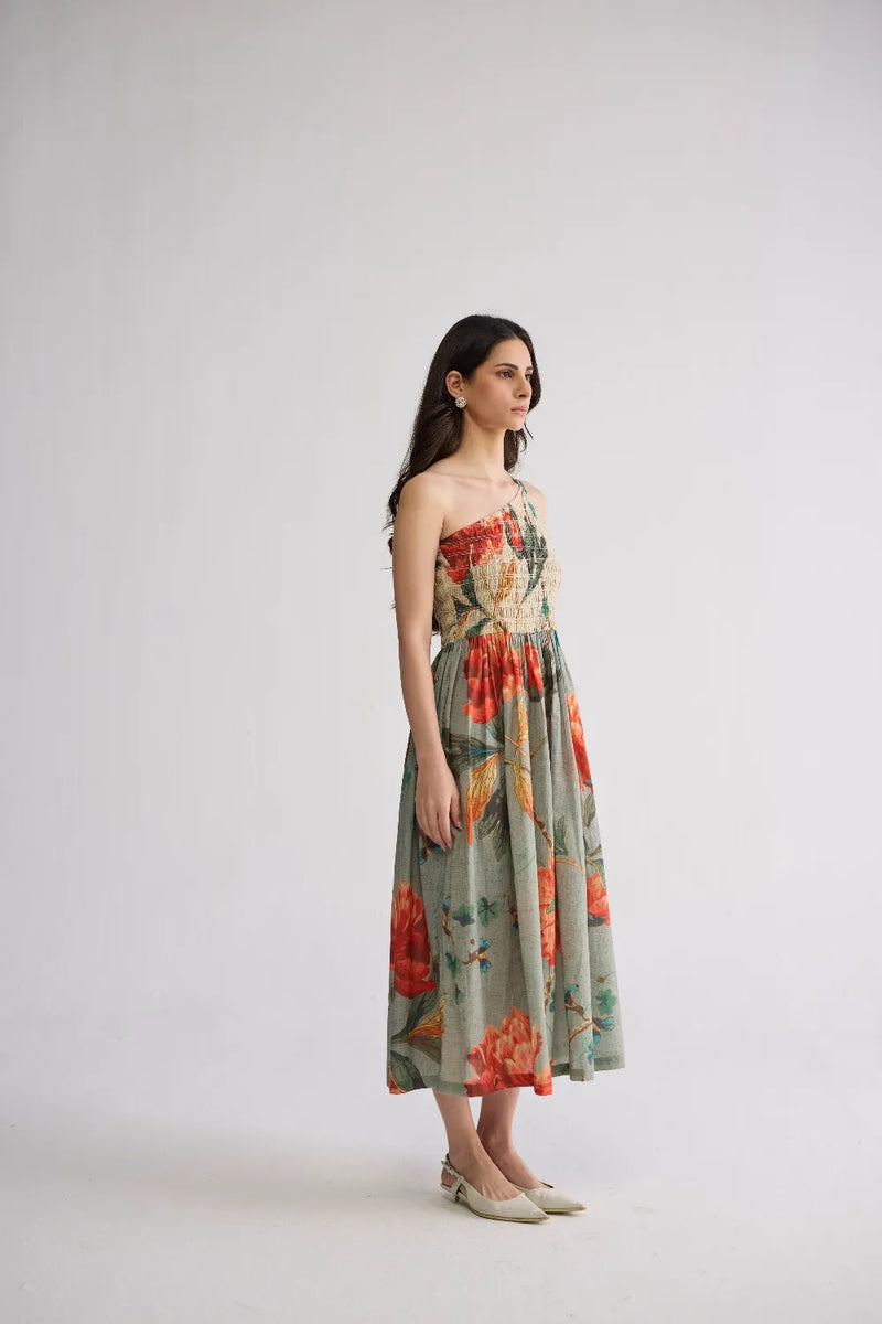 CABBAGE ROSE SMOCKED ONE SHOULDER DRESS cotton cambric dress by YAM in multicolor for women Worldwide