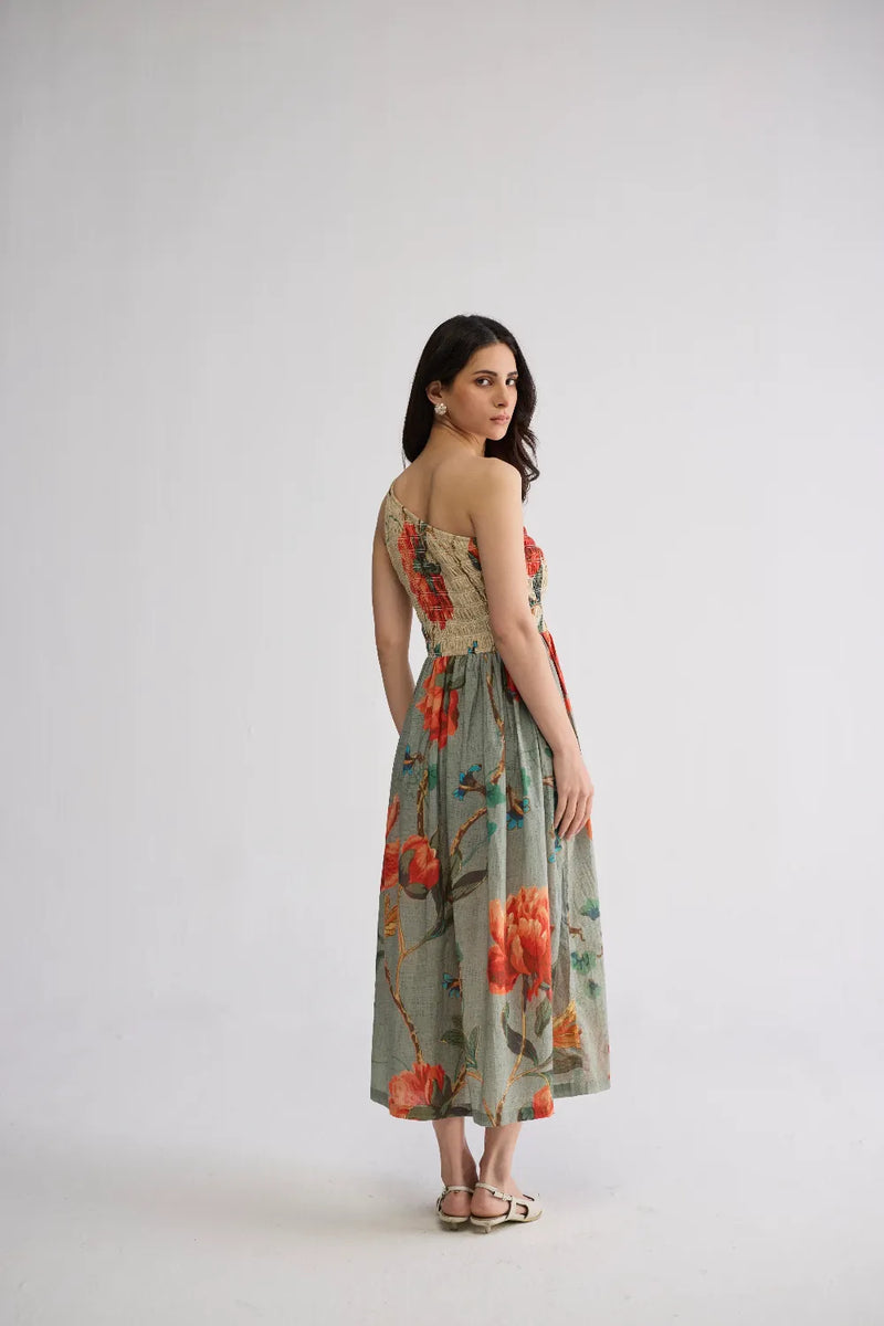 CABBAGE ROSE SMOCKED ONE SHOULDER DRESS cotton cambric dress by YAM in multicolor for women Worldwide