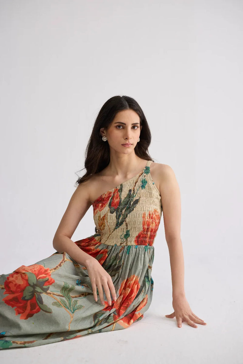 CABBAGE ROSE SMOCKED ONE SHOULDER DRESS cotton cambric dress by YAM in multicolor for women Worldwide