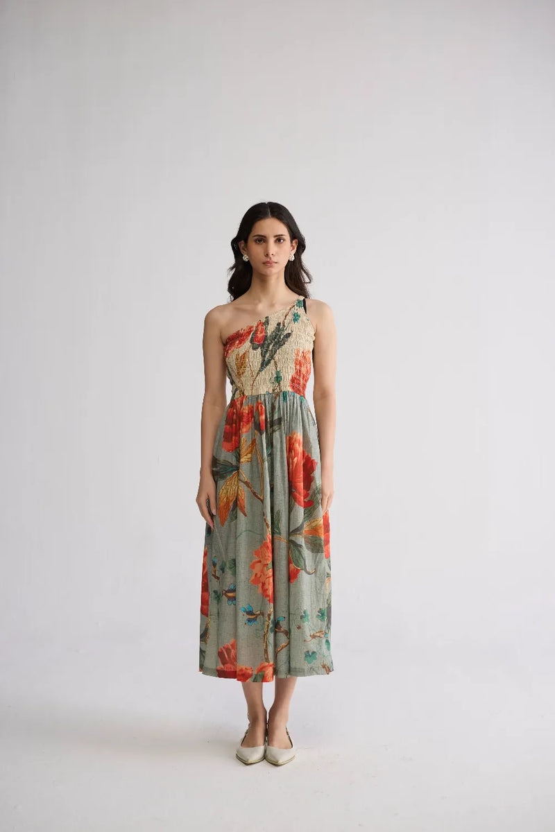 CABBAGE ROSE SMOCKED ONE SHOULDER DRESS cotton cambric dress by YAM in multicolor for women Worldwide