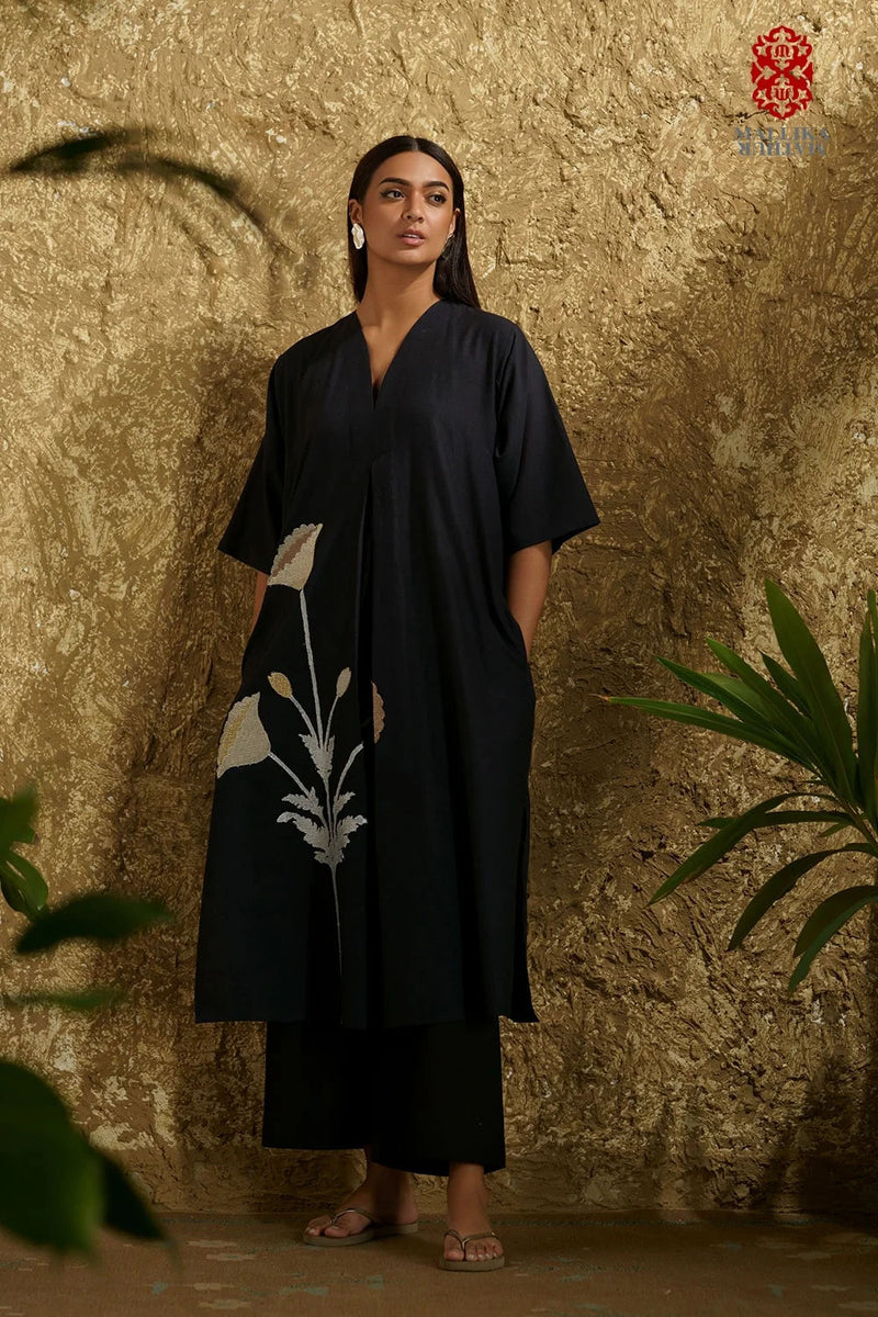 Caftan dress muslin black and silver poppy flower applique cotton muslin kurta/kurta set by Malika Mathur in black for women Worldwide