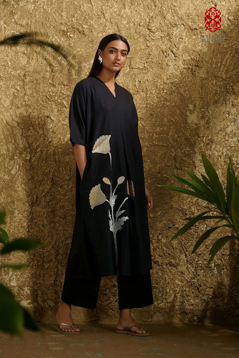 Caftan dress muslin black and silver poppy flower applique cotton muslin kurta/kurta set by Malika Mathur in black for women Worldwide