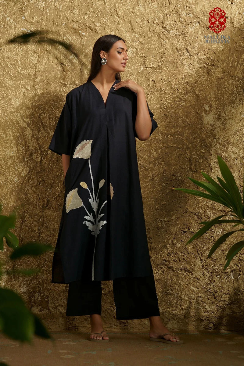 Caftan dress muslin black and silver poppy flower applique cotton muslin kurta/kurta set by Malika Mathur in black for women Worldwide