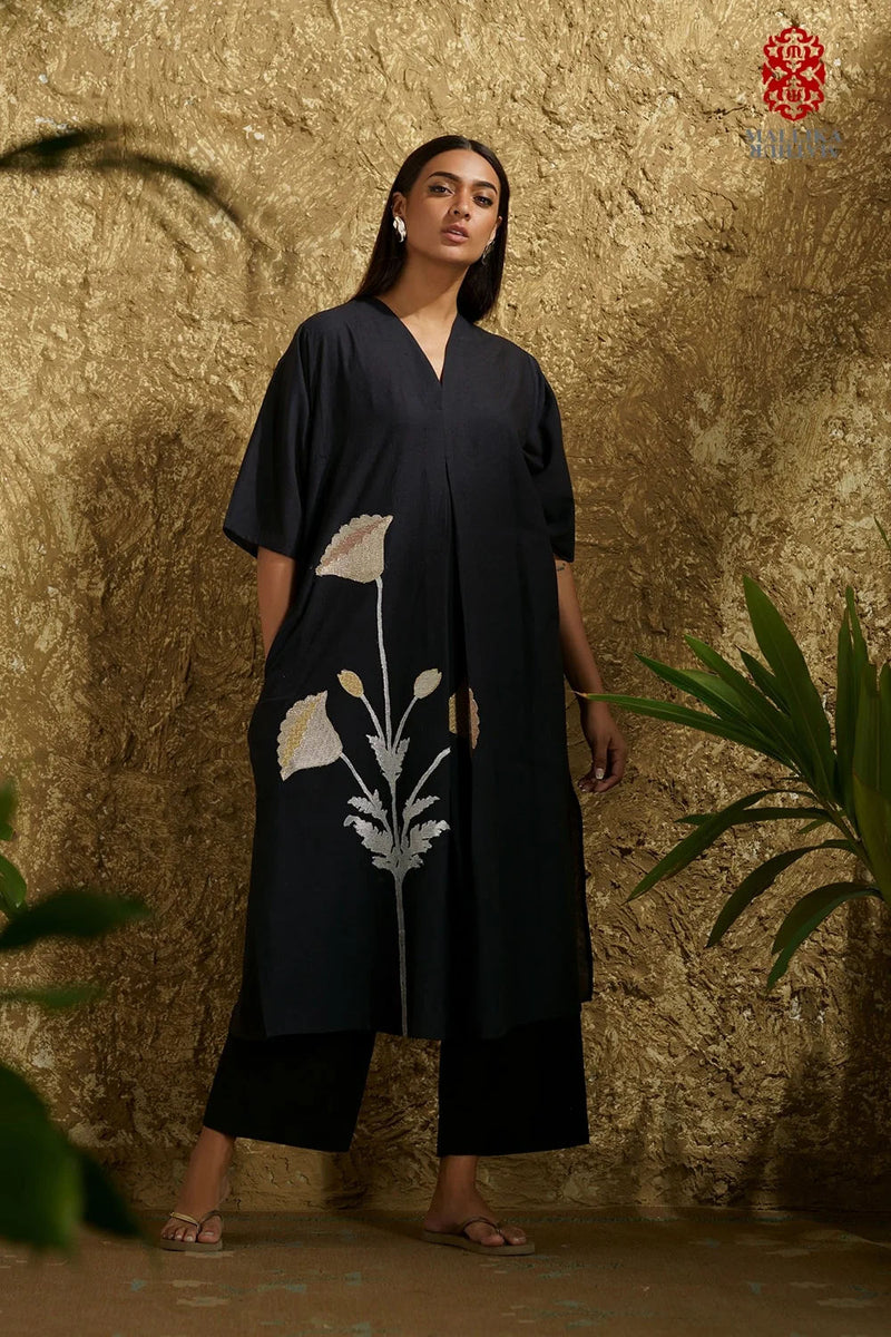 Caftan dress muslin black and silver poppy flower applique cotton muslin kurta/kurta set by Malika Mathur in black for women Worldwide