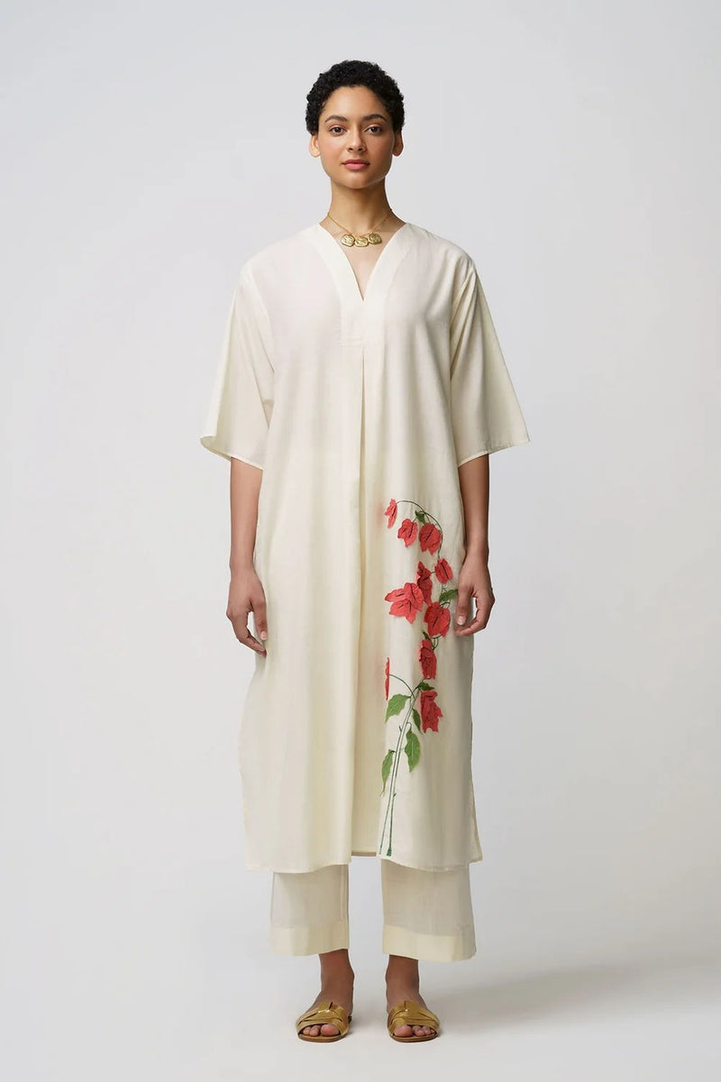 Caftan dress muslin bougainvillea applique muslin cotton kurta/kurta set by Malika Mathur in natural for women Worldwide