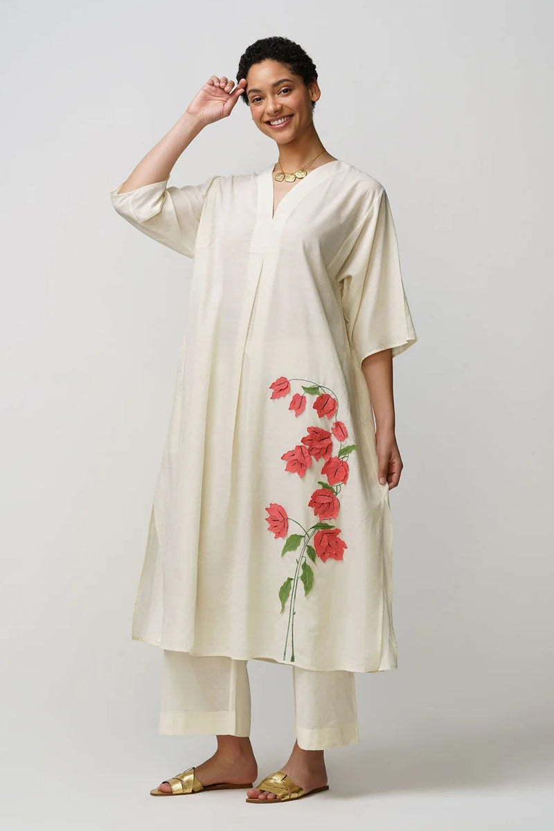 Caftan dress muslin bougainvillea applique muslin cotton kurta/kurta set by Malika Mathur in natural for women Worldwide