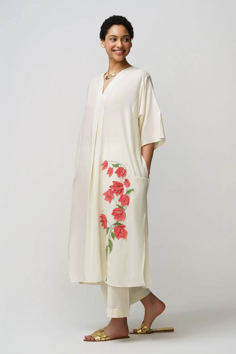 Caftan dress muslin bougainvillea applique muslin cotton kurta/kurta set by Malika Mathur in natural for women Worldwide