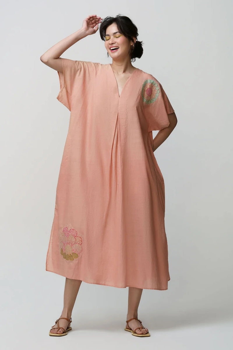 Caftan dress muslin chakri design applique muslin cotton kurta/kurta set by Malika Mathur in blush for women Worldwide