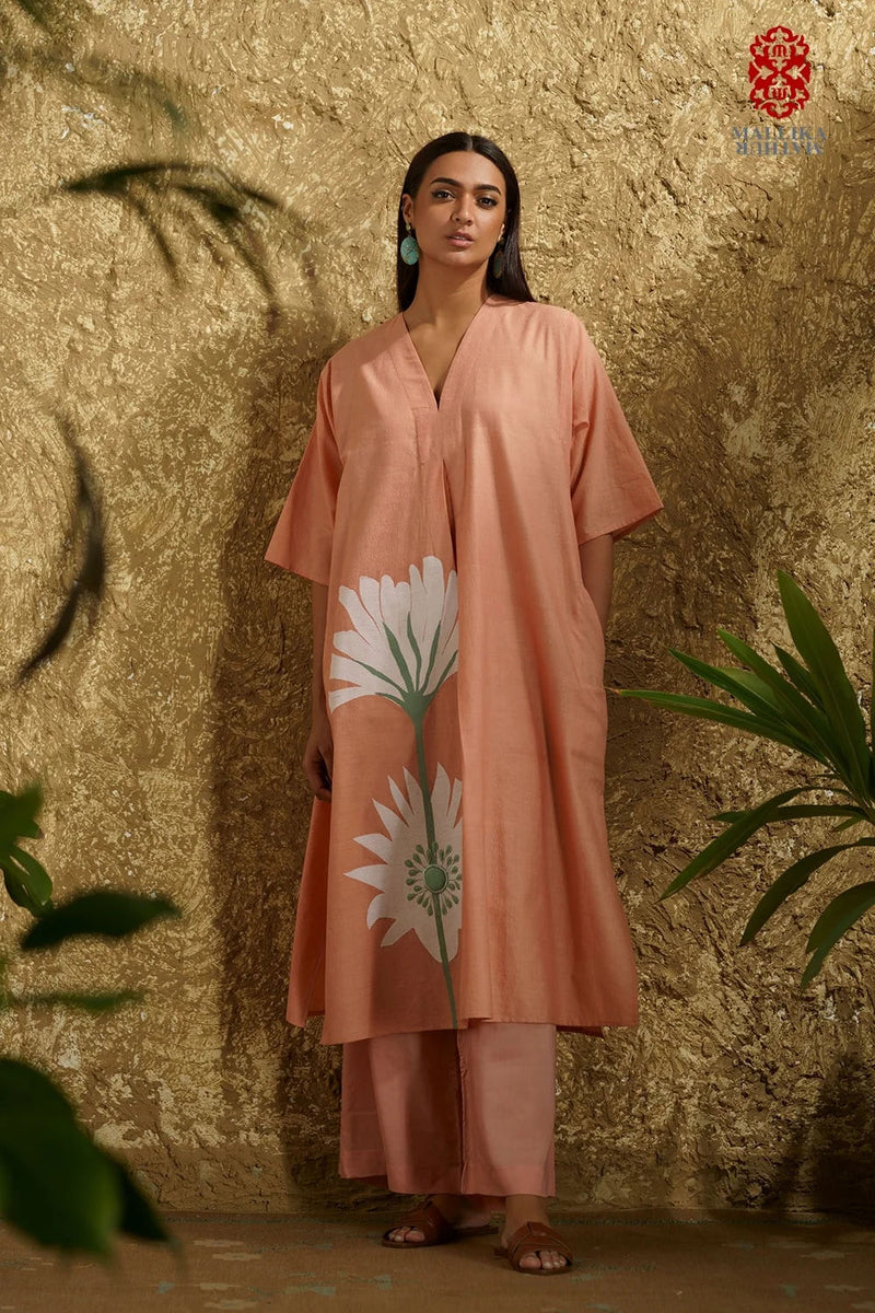Caftan dress muslin coral blush Peony flower applique cotton muslin kurta/kurta set by Malika Mathur in peach for women Worldwide