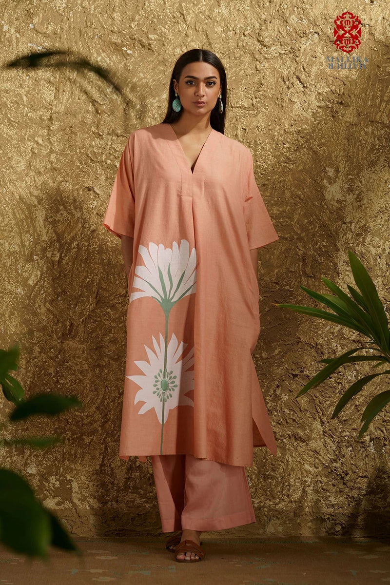 Caftan dress muslin coral blush Peony flower applique cotton muslin kurta/kurta set by Malika Mathur in peach for women Worldwide