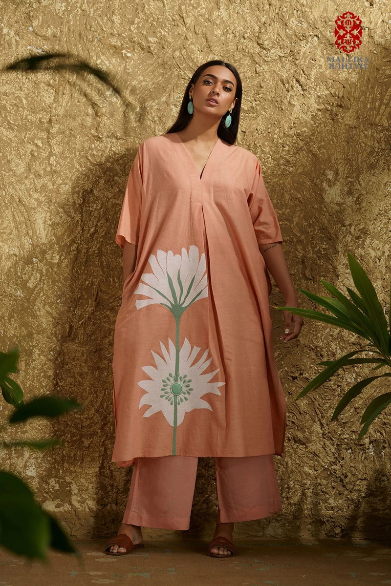 Caftan dress muslin coral blush Peony flower applique cotton muslin kurta/kurta set by Malika Mathur in peach for women Worldwide