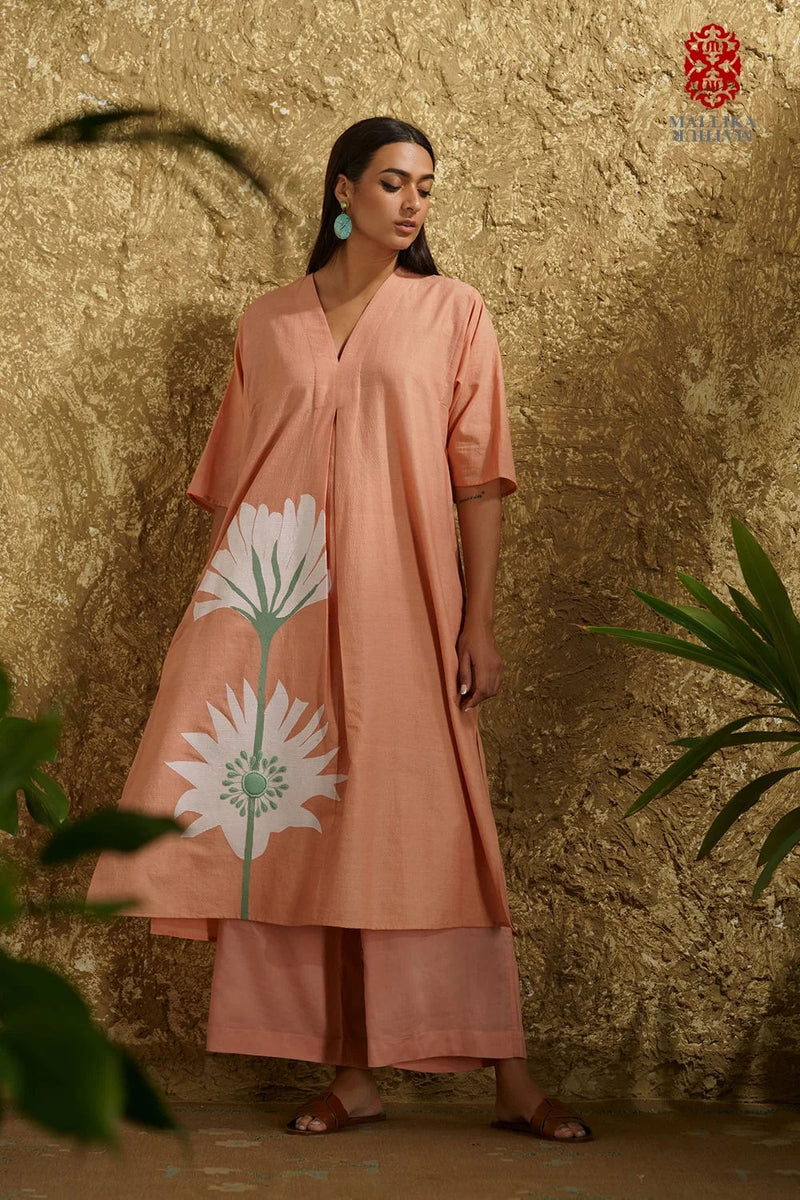 Caftan dress muslin coral blush Peony flower applique cotton muslin kurta/kurta set by Malika Mathur in peach for women Worldwide