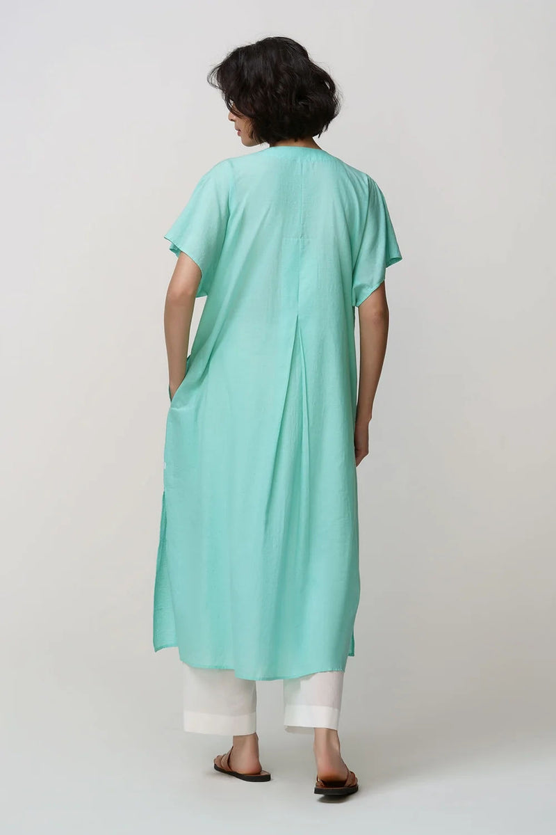 Caftan dress muslin flower jaal applique muslin cotton kurta/kurta set by Malika Mathur in blue lagoon for women Worldwide