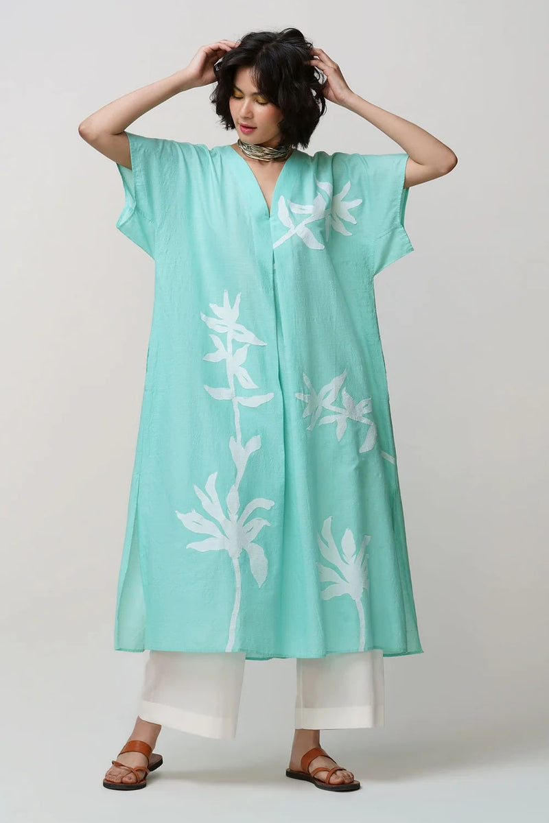 Caftan dress muslin flower jaal applique muslin cotton kurta/kurta set by Malika Mathur in blue lagoon for women Worldwide