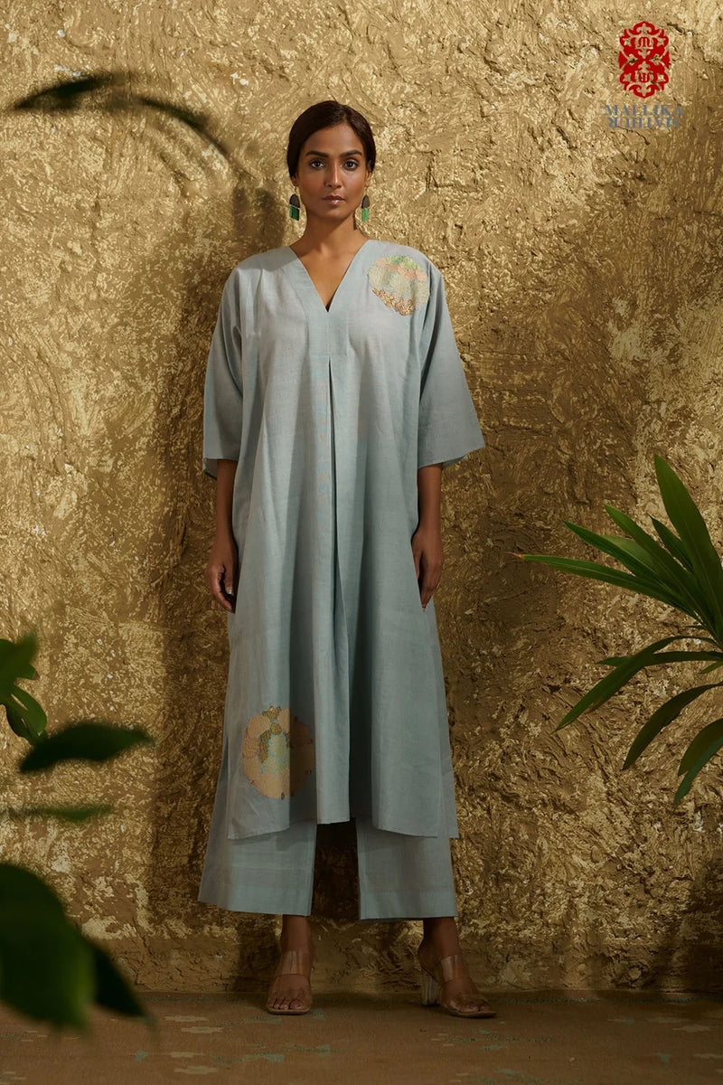 Caftan dress muslin ice blue Chakri design applique cotton muslin kurta/kurta set by Malika Mathur in light blue for women Worldwide