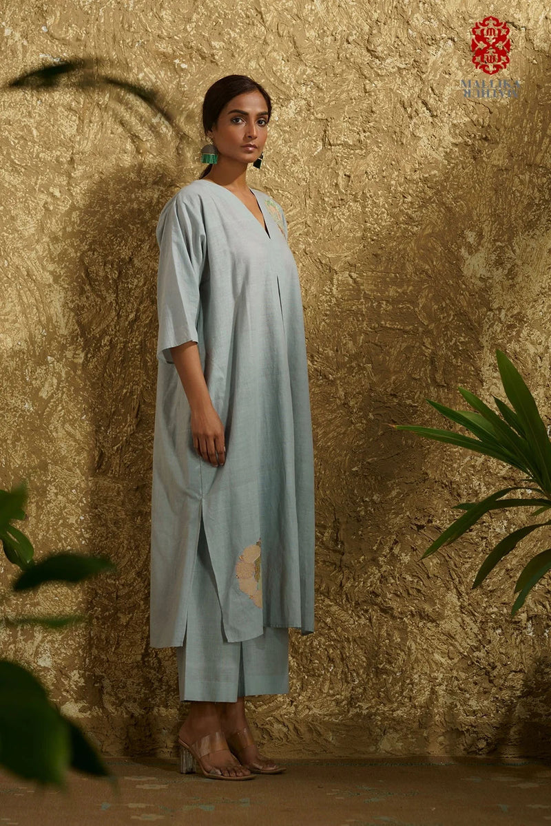 Caftan dress muslin ice blue Chakri design applique cotton muslin kurta/kurta set by Malika Mathur in light blue for women Worldwide