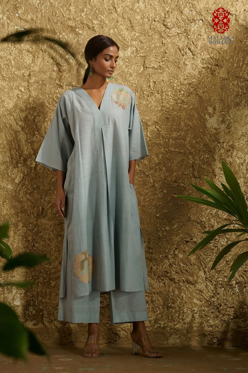 Caftan dress muslin ice blue Chakri design applique cotton muslin kurta/kurta set by Malika Mathur in light blue for women Worldwide