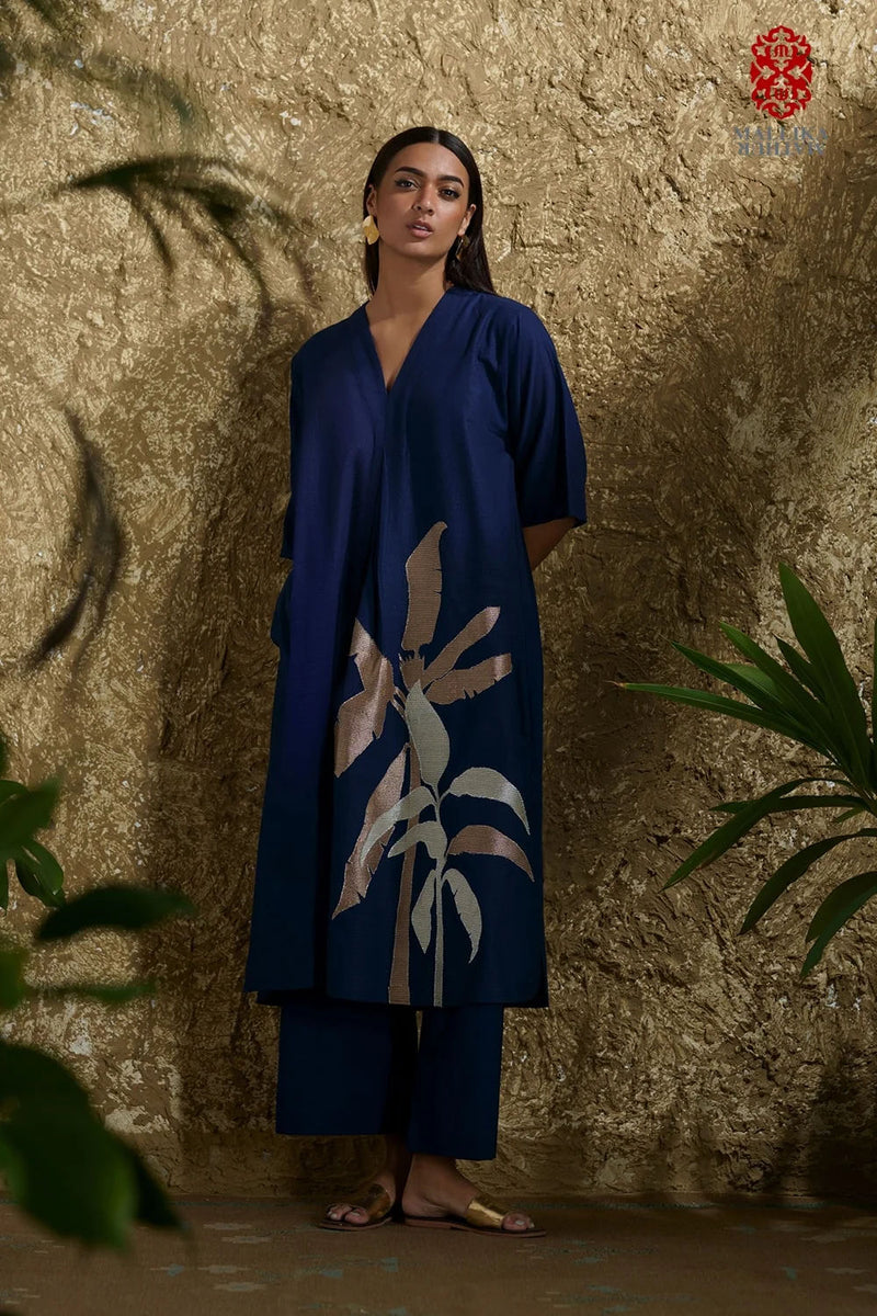 Caftan dress muslin midnight blue and zari Plantain leaf applique cotton muslin kurta/kurta set by Malika Mathur in blue for women Worldwide