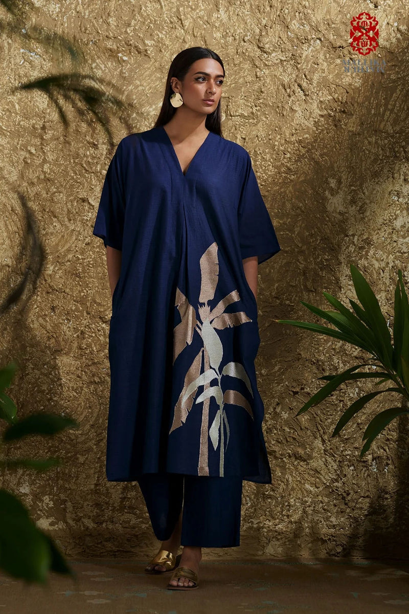 Caftan dress muslin midnight blue and zari Plantain leaf applique cotton muslin kurta/kurta set by Malika Mathur in blue for women Worldwide