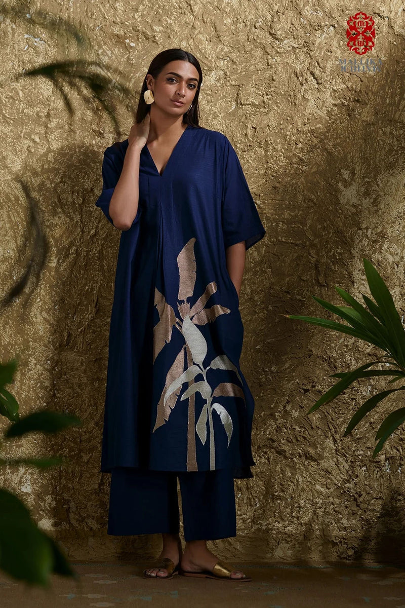 Caftan dress muslin midnight blue and zari Plantain leaf applique cotton muslin kurta/kurta set by Malika Mathur in blue for women Worldwide