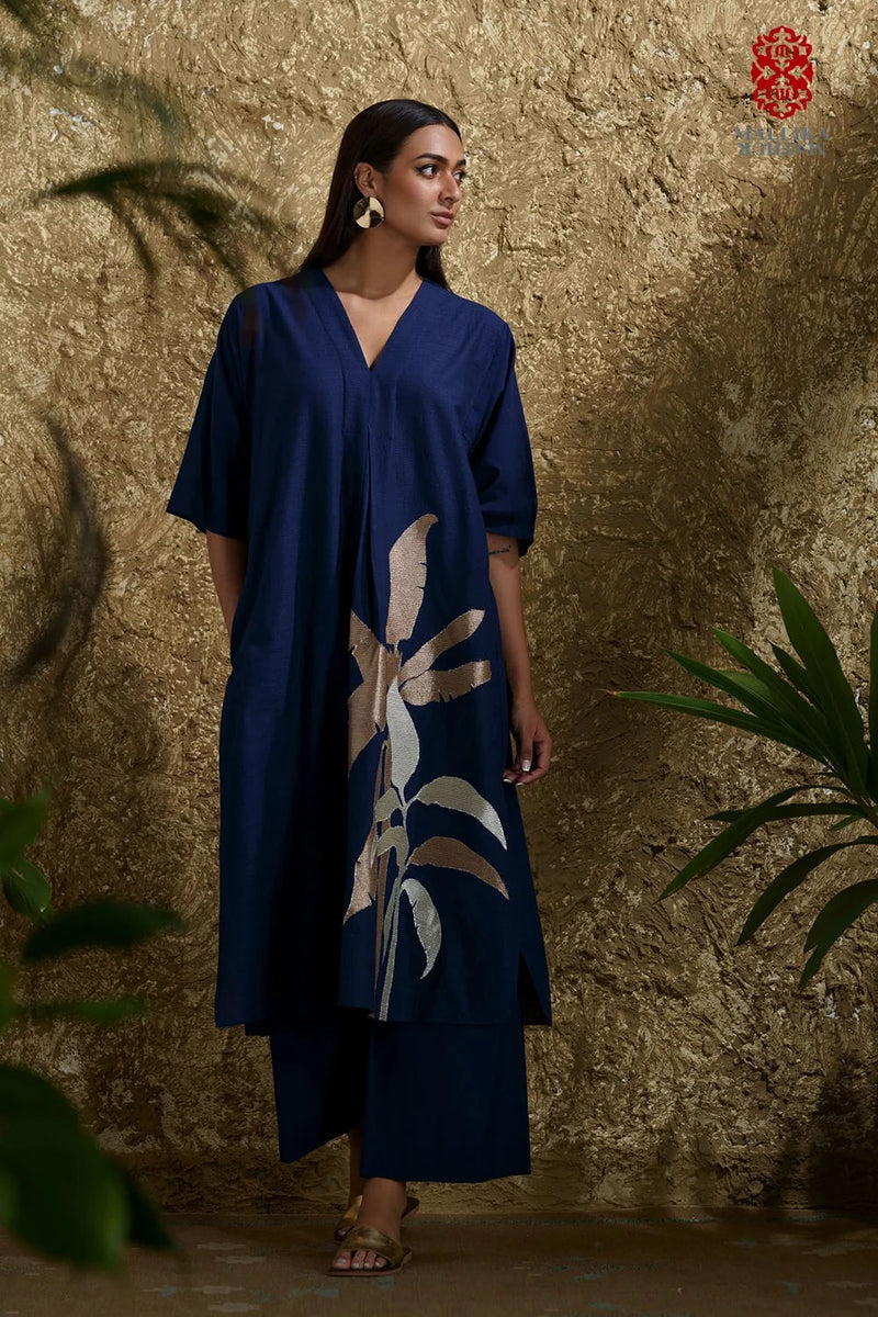 Caftan dress muslin midnight blue and zari Plantain leaf applique cotton muslin kurta/kurta set by Malika Mathur in blue for women Worldwide