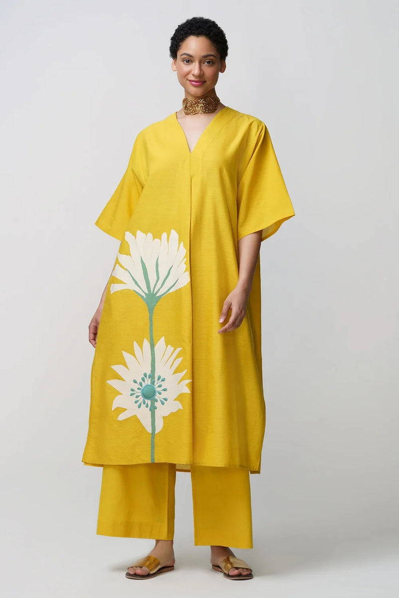 Caftan dress muslin peony flower applique muslin cotton kurta/kurta set by Malika Mathur in yellow for women Worldwide