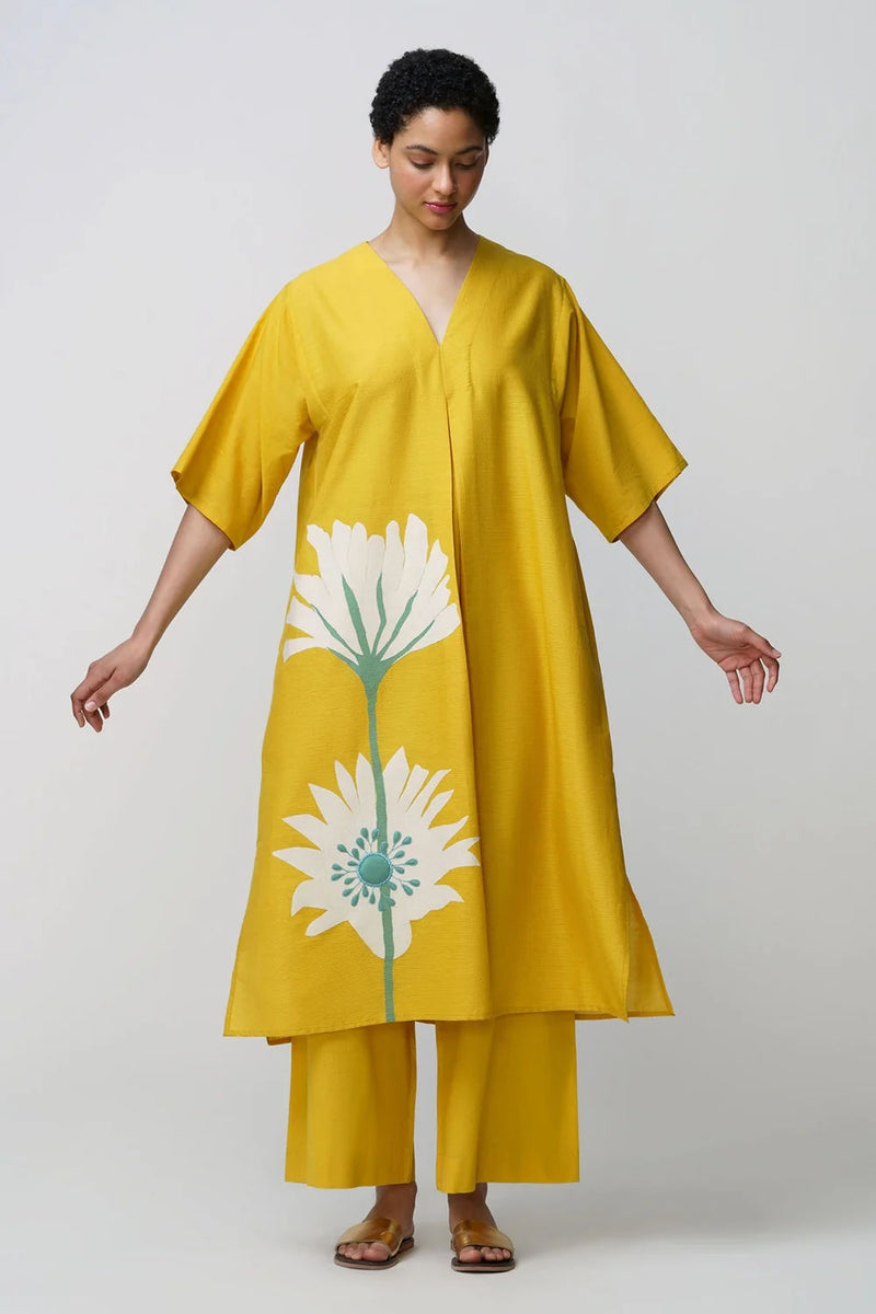 Caftan dress muslin peony flower applique muslin cotton kurta/kurta set by Malika Mathur in yellow for women Worldwide