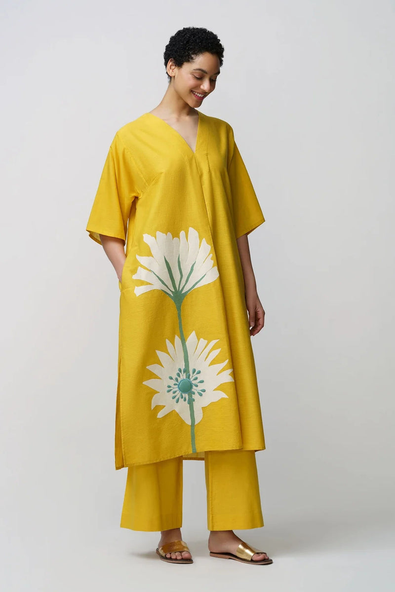 Caftan dress muslin peony flower applique muslin cotton kurta/kurta set by Malika Mathur in yellow for women Worldwide