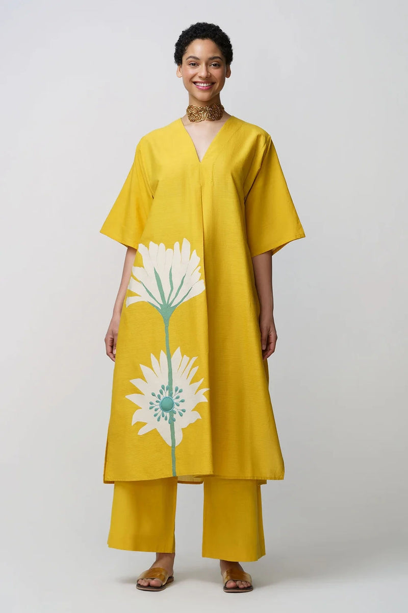 Caftan dress muslin peony flower applique muslin cotton kurta/kurta set by Malika Mathur in yellow for women Worldwide