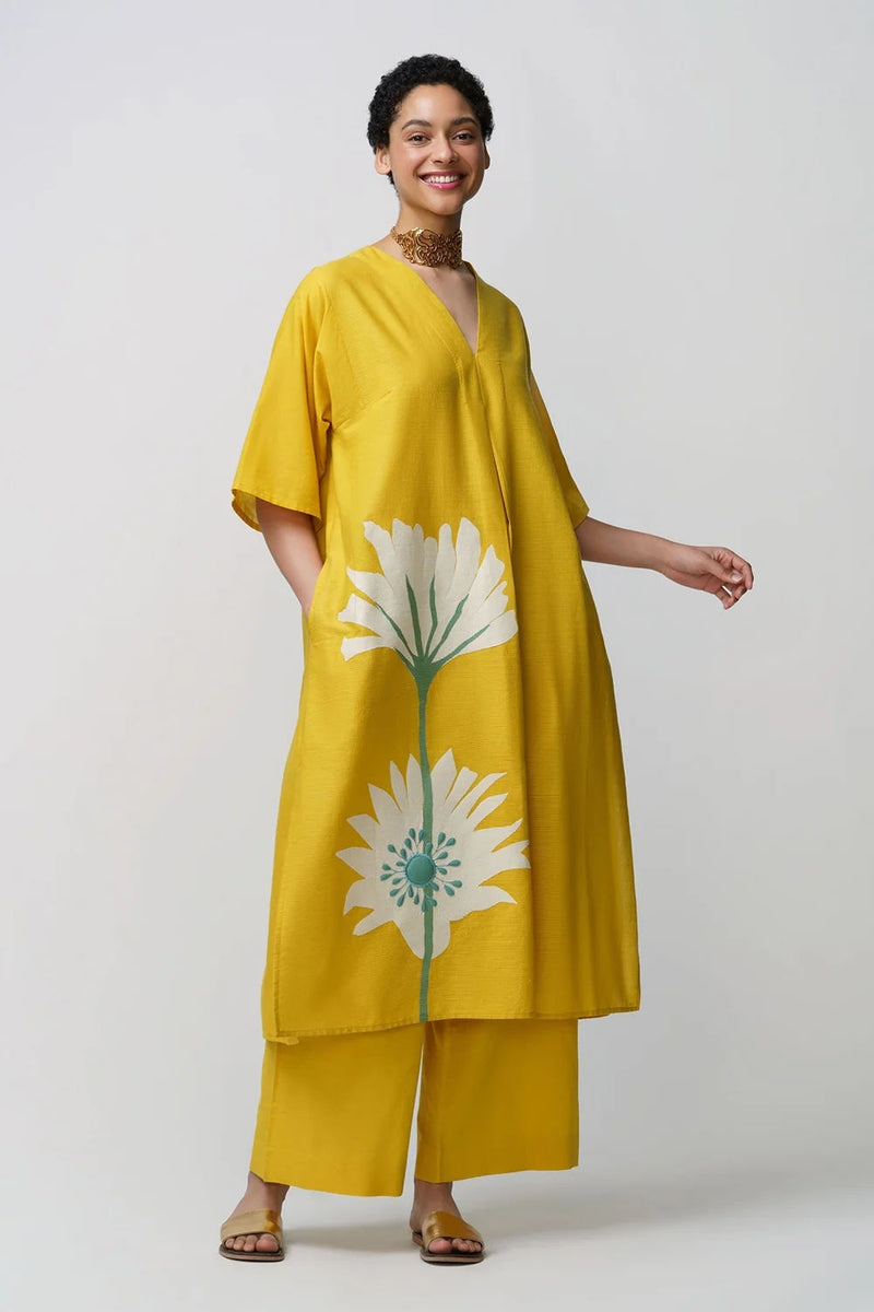 Caftan dress muslin peony flower applique muslin cotton kurta/kurta set by Malika Mathur in yellow for women Worldwide