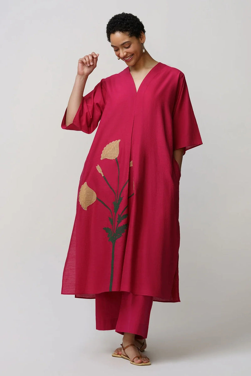 Caftan dress muslin poppy flower applique muslin cotton kurta/kurta set by Malika Mathur in red for women Worldwide