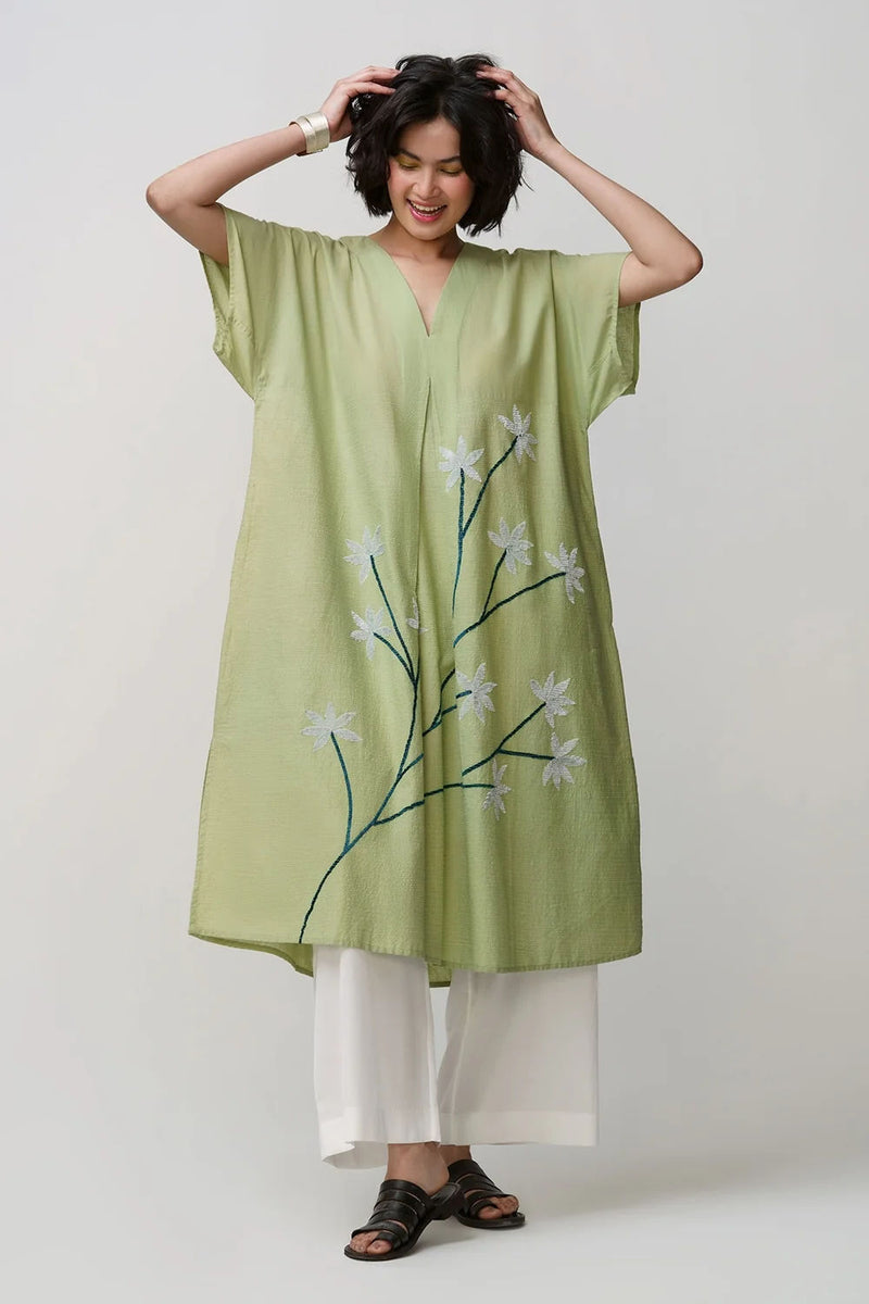 Caftan dress muslin sage green oriental flower applique muslin cotton kurta/kurta set by Malika Mathur in green for women Worldwide