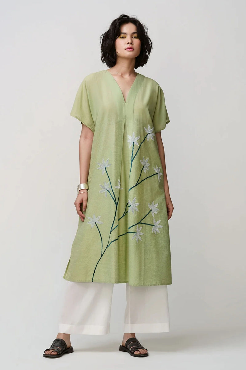 Caftan dress muslin sage green oriental flower applique muslin cotton kurta/kurta set by Malika Mathur in green for women Worldwide