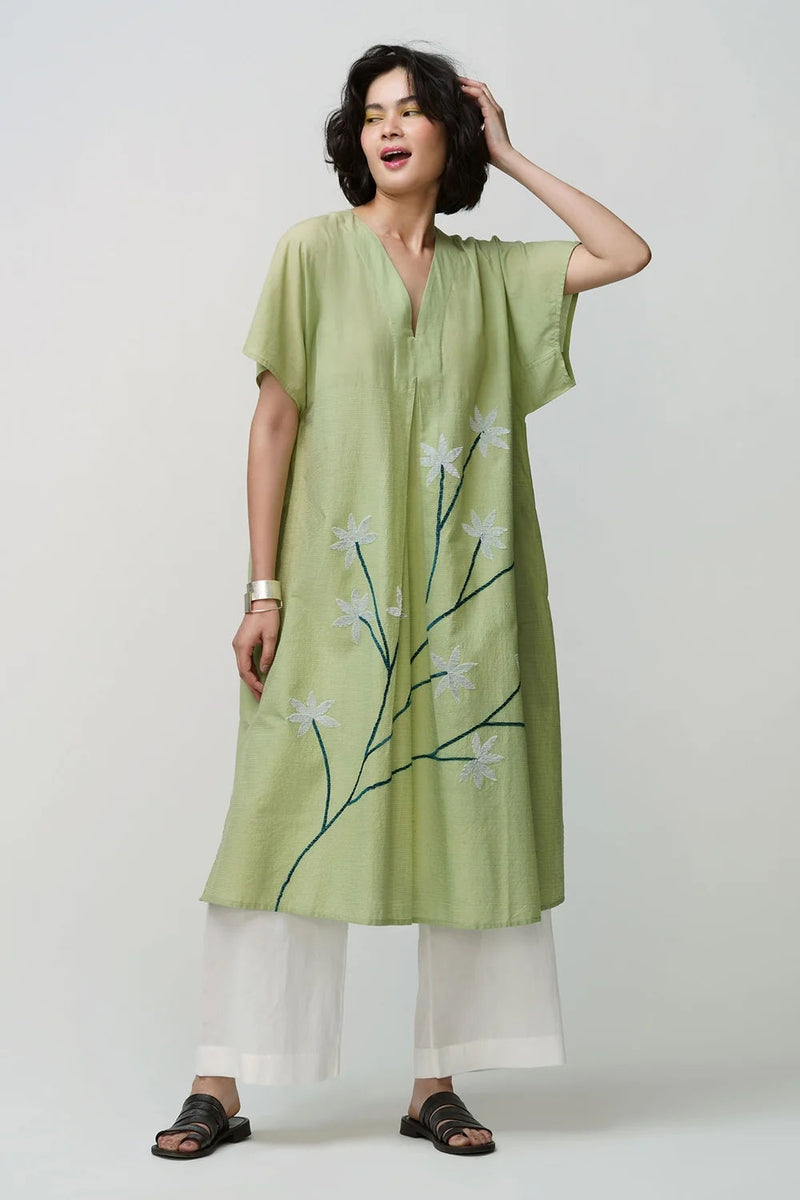 Caftan dress muslin sage green oriental flower applique muslin cotton kurta/kurta set by Malika Mathur in green for women Worldwide